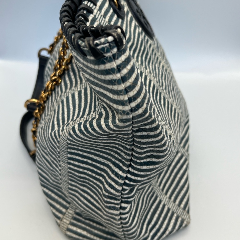Tory Burch Navy and White Striped Chain-Handle Tote - Picture 6 of 9